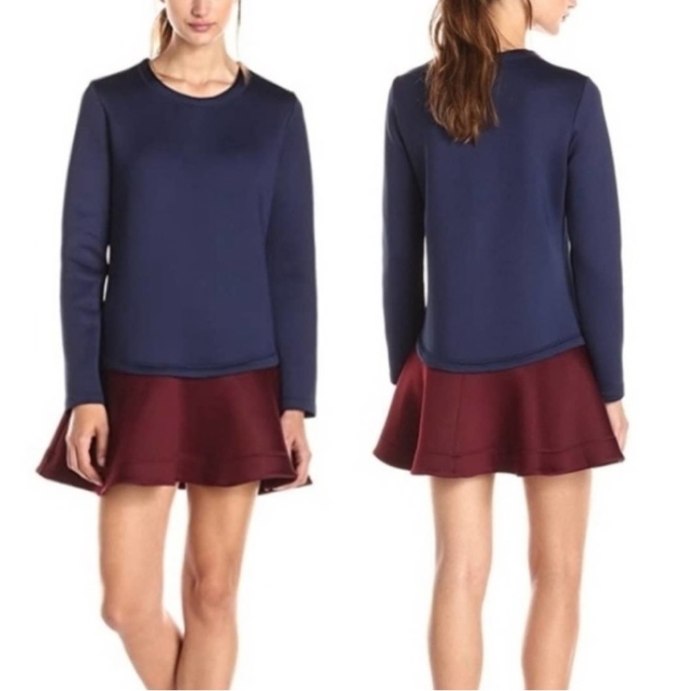BCBGMaxazria Genesa Flounce Hem Navy Burgundy Color block Mini Dress size Small - Picture 2 of 15